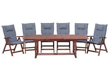 6 Seater Acacia Wood Garden Dining Set with Blue Cushions TOSCANA