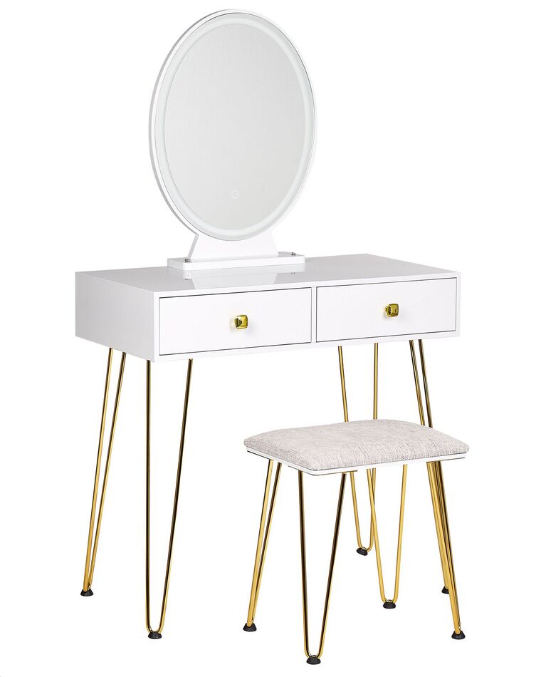 2 Drawers Dressing Table with LED Mirror and Stool White and Gold CAEN_844955