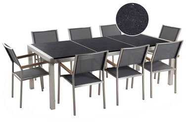 Conjunto de mesa com tampo triplo granito polido preto 220 x 100 cm e 8 cadeiras cinzentas GROSSETO