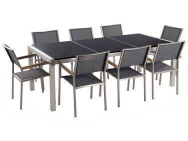 Conjunto de mesa com tampo triplo granito polido preto 220 x 100 cm e 8 cadeiras cinzentas GROSSETO