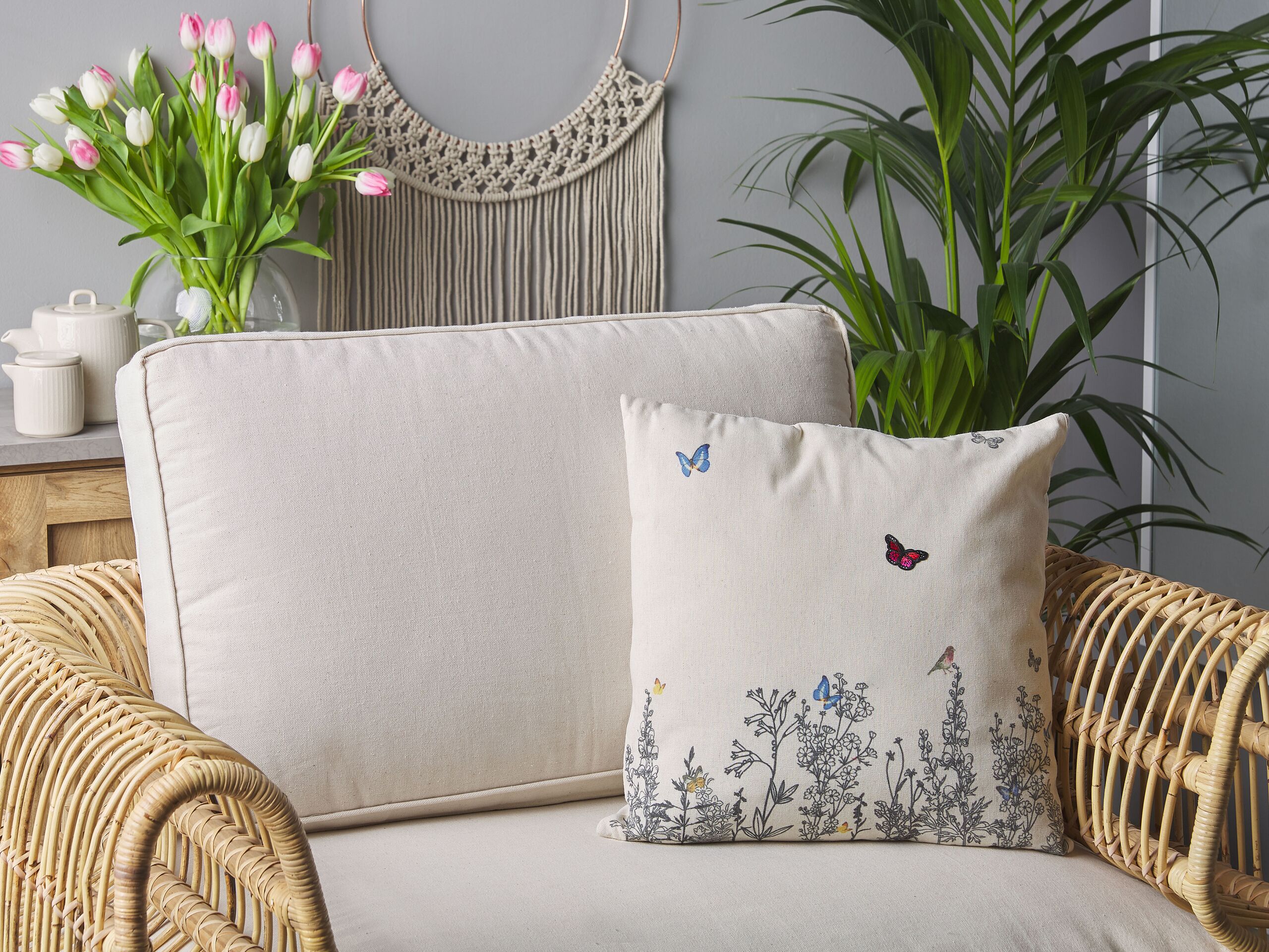 Conjunto 2 almofadas decorativas creme e cinzentas com padrão borboleta 45 x 45 cm MUSA