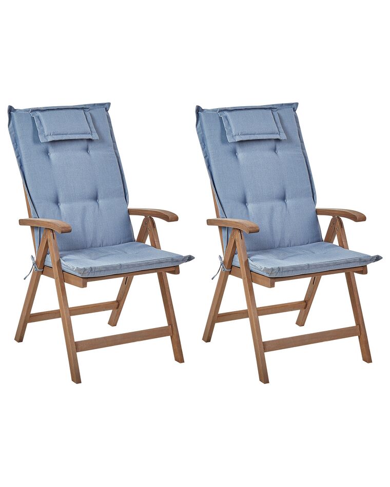 Lot de 2 chaises de jardin pliantes en bois d'acacia sombre avec coussins bleus AMANTEA_879700