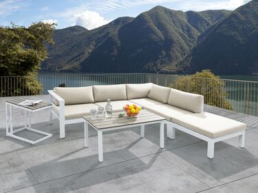 5 Seater Aluminum Garden Corner Sofa Set White with Cushions Beige MESSINA