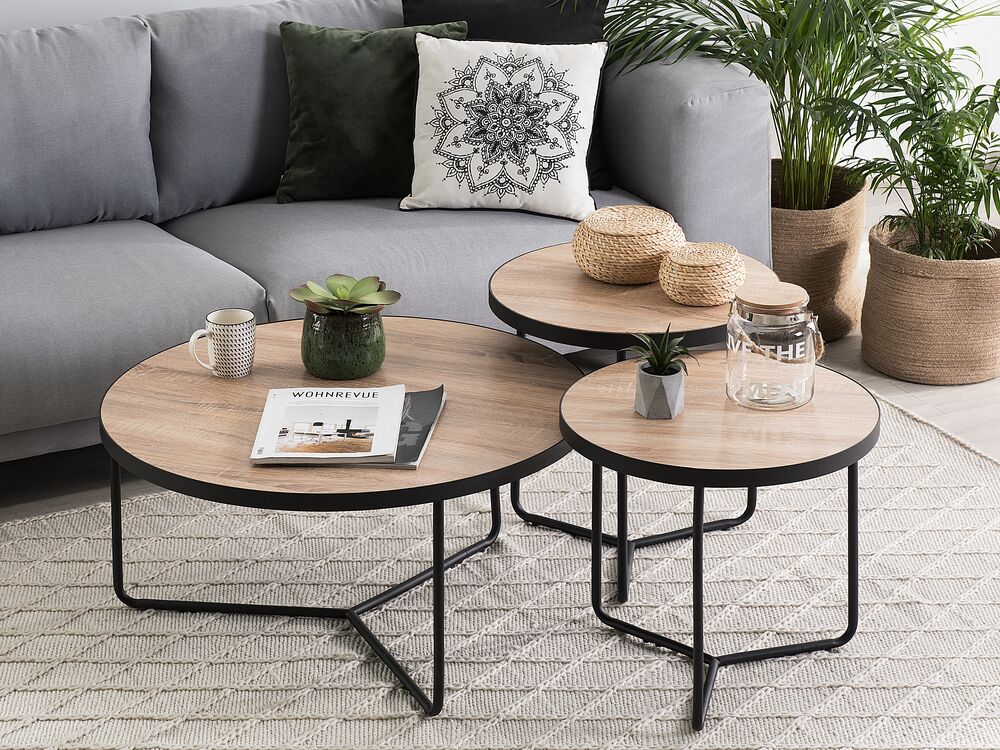 Set of 3 Coffee Tables Light Wood with Black MELODY Beliani.co.uk