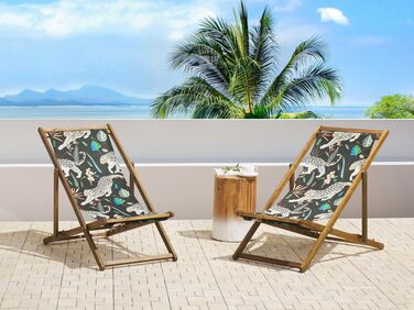 Set of 2 Acacia Folding Deck Chairs and 2 Replacement Fabrics Light Wood with Off-White / Animal Pattern ANZIO