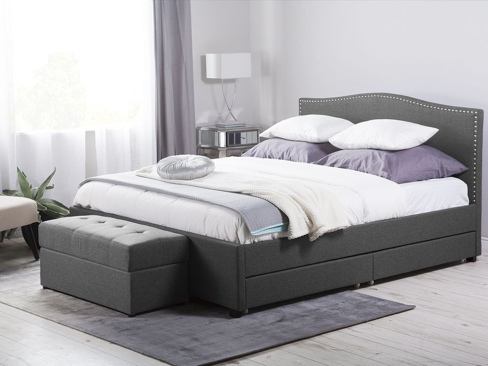 Fabric Eu King Size Bed Multicolour Led With Storage Grey Montpellier Beliani De Fabric Eu King Size Bed Multicolour Led, King Size Bed With Storage Drawers