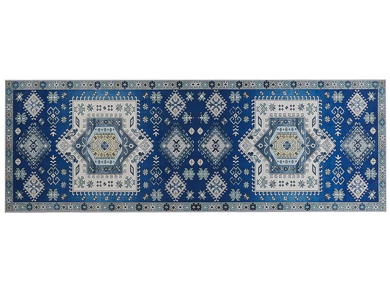 Teppich blau / beige orientalisches Muster 80 x 200 cm Kurzflor PARVAKADLI_831580