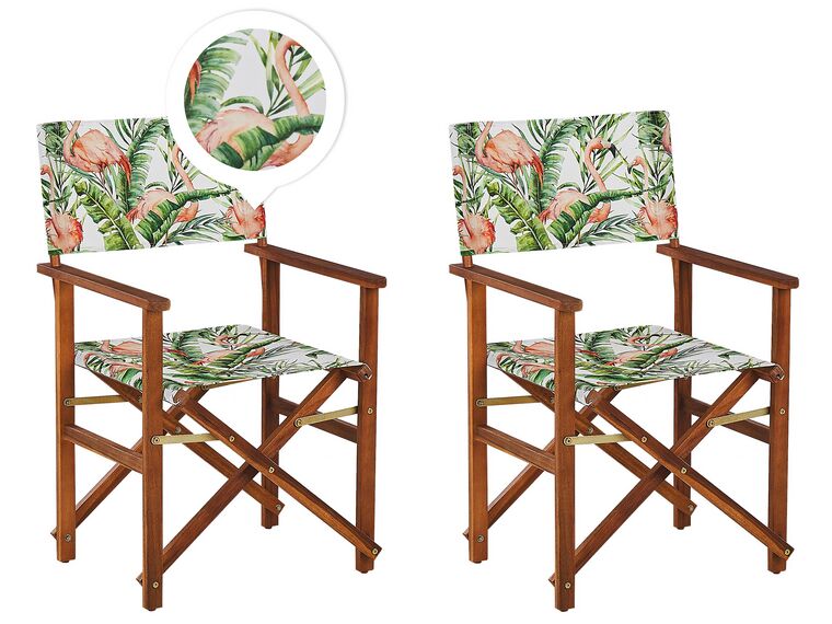 Set of 2 Acacia Folding Chairs and 2 Replacement Fabrics Dark Wood with Off-White / Flamingo Pattern CINE_819092