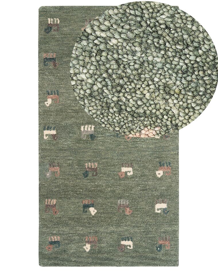 Gabbeh Teppich Wolle grün 80 x 150 cm Tiermotiv Hochflor KIZARLI_855501