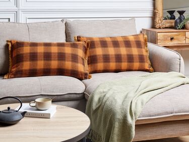 Set of 2 Fringed Cushions Chequered Pattern 40 x 70 cm Orange BARJA