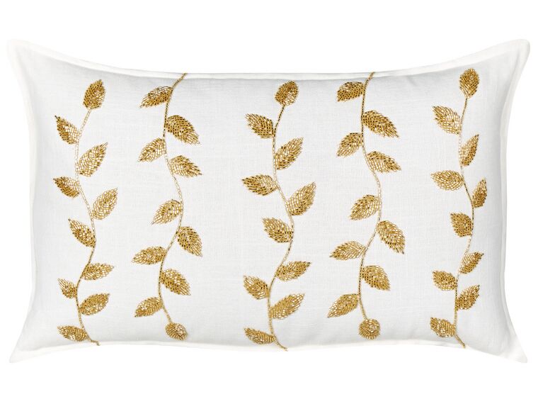 Almofada decorativa com padrão de folhas em algodão branco e dourado 30 x 50 cm NERIUM_892710