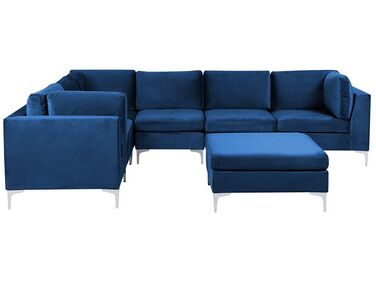 Right Hand 6 Seater Modular Velvet Corner Sofa with Ottoman Blue EVJA