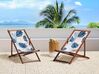 Set of 2 Acacia Folding Deck Chairs and 2 Replacement Fabrics Dark Wood with Off-White / Blue Palm Leaves Pattern ANZIO_820002