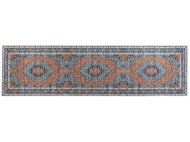 Teppich blau / orange 80 x 300 cm orientalisches Muster Kurzflor MIDALAM