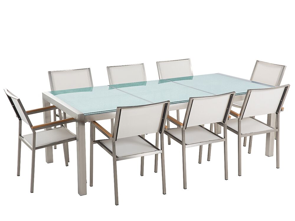 Set tavolo e sedie da giardino in vetro temperato e fibra tessile bianca  tavolo 220 con 8 sedie GROSSETO 