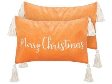 Lot de 2 coussins en velours orange à inscription de Noël avec pompons 30 x 50 cm LITHOPS