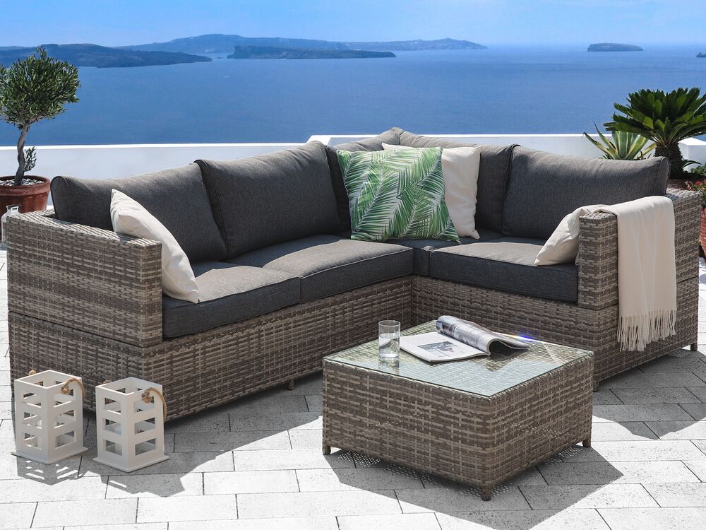 4 Seater Rattan Garden Corner Sofa Set Dark Grey AVOLA | Beliani.pt