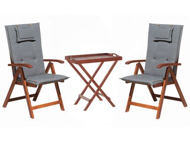 Set de terrasse table et 2 chaises en bois foncé coussins gris graphite TOSCANA