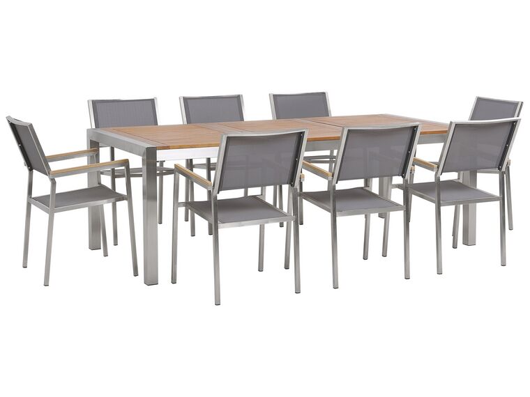 Table de jardin plateau bois eucalyptus 220 cm et 8 chaises grises GROSSETO_787003