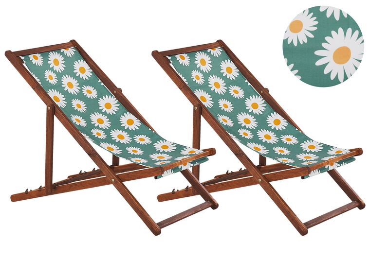 Set of 2 Acacia Folding Deck Chairs and 2 Replacement Fabrics Dark Wood with Off-White / Chamomile Pattern ANZIO_819920