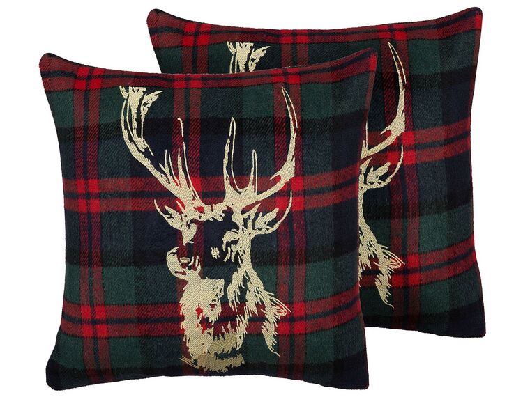 Set of 2 Cushions Reindeer Print 45 x 45 cm Green with Red RUDOLPH_769058