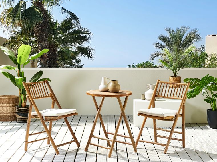 Bamboo Bistro Set Light Wood and OffWhite SAVALLETRI Beliani.co.uk