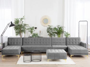 6-seters sofa med sovefunksjon + fotskammel fløyel grå ABERDEEN