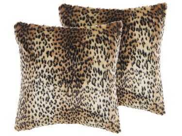 Set of 2 Faux Fur Cushions Leopard Print 45 x 45 cm Brown FOXTAIL