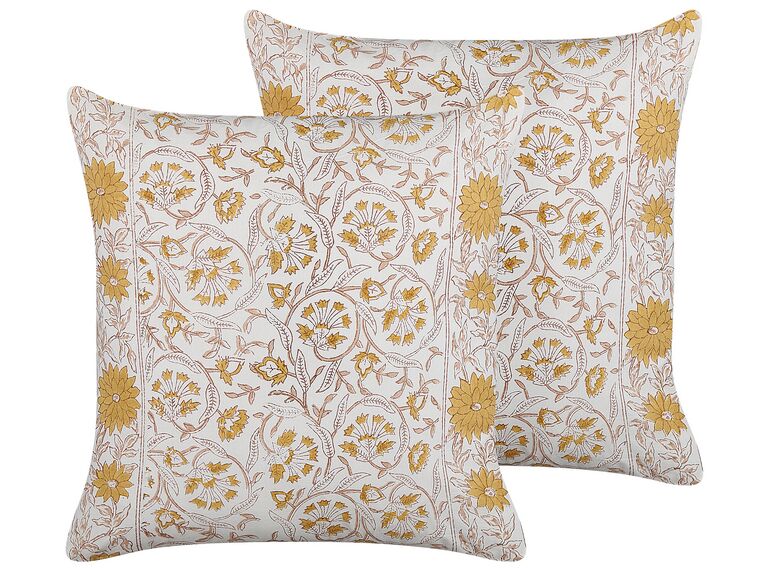 Conjunto de 2 almofadas decorativas com padrão floral em algodão branco e amarelo 45 x 45 cm CALATHEA_839356