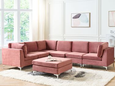 Right Hand 6 Seater Modular Velvet Corner Sofa with Ottoman Pink EVJA
