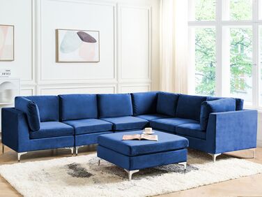 Left Hand 6 Seater Modular Velvet Corner Sofa with Ottoman Blue EVJA