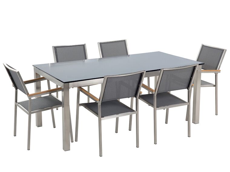 Sada záhradného nábytku stôl so sklenenou doskou 180 x 90 cm 6 sivých stoličiek GROSSETO_677257