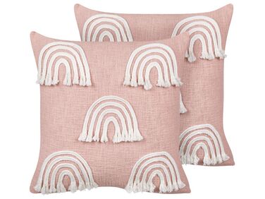 Conjunto de 2 almofadas decorativas com bordado de arco-íris em algodão rosa 45 x 45 cm LEEA