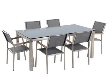 Sada zahradního nábytku stůl se skleněnou deskou 180 x 90 cm 6 šedých židlí GROSSETO