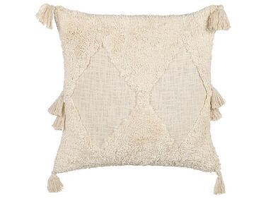 Tkaný bavlněný polštář s geometrickým vzorem a střapci 45 x 45 cm světle béžový AVIUM