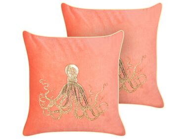 Sæt med 2 fløjlspuder med blæksprutte-motiv 45 x 45 cm rød LAMINARIA