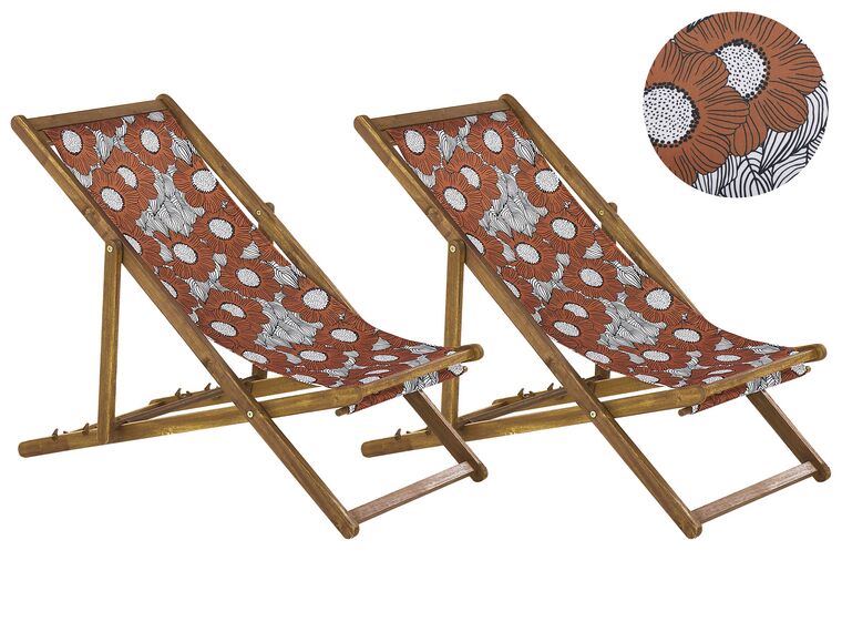 Set of 2 Acacia Folding Deck Chairs and 2 Replacement Fabrics Light Wood with Off-White / Poppies Pattern ANZIO_819696