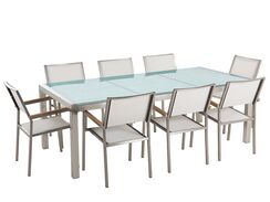 8-istuttava ulkoruokailuryhmä 3-osainen lasitaso tekstiilituolit valkoinen GROSSETO 8-istuttava ulkoruokailuryhmä 3-osainen lasitaso tekstiilituolit valkoinen GROSSETO