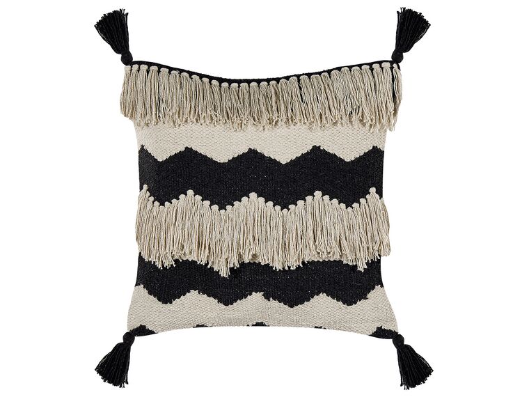 Cotton Cushion Geometric Pattern with Tassels 45 x 45 cm Beige and Black HYDRANGEA_835118