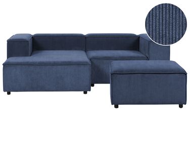 Kombinálható kétszemélyes jobb oldali kék kordbársony kanapé ottománnal APRICA