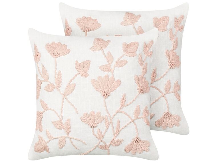 Set of 2 Embroidered Cotton Cushions Floral Pattern 45 x 45 cm White and Pink LUDISIA_892632