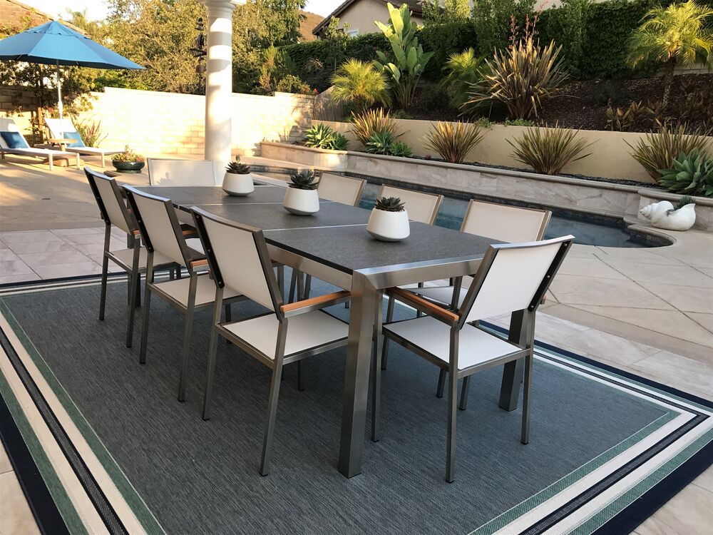 Outdoor Dining Set For 8 Black Granite Top White Chairs Tulius - Granite Top Patio Set Outdoor Dining Set For 8 Black Granite Top White Chairs Tulius - Granite Top Patio Set