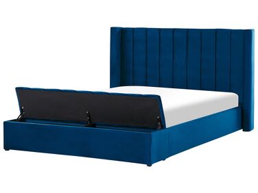 Velvet EU Super King Size Bed with Storage Bench Blue NOYERS