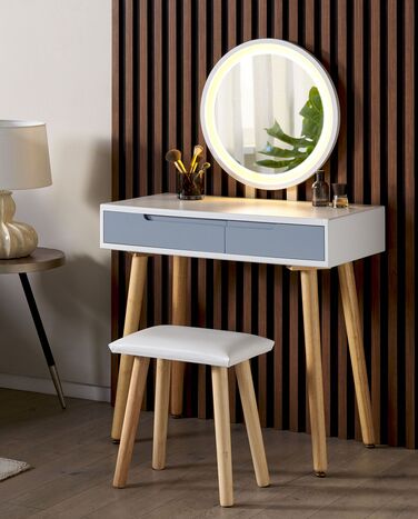 2 Drawer Dressing Table with LED Mirror and Stool White and Grey JOSSELIN