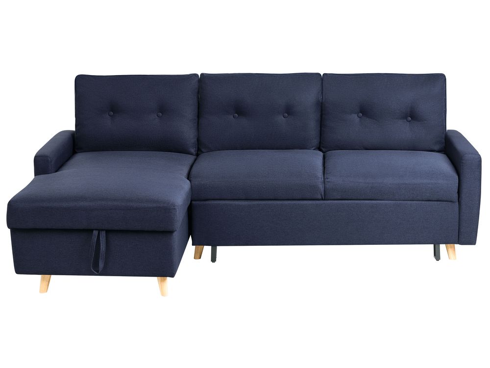 Right Hand Corner Sofa Bed with Storage Navy Blue FLAKK Beliani.co.uk