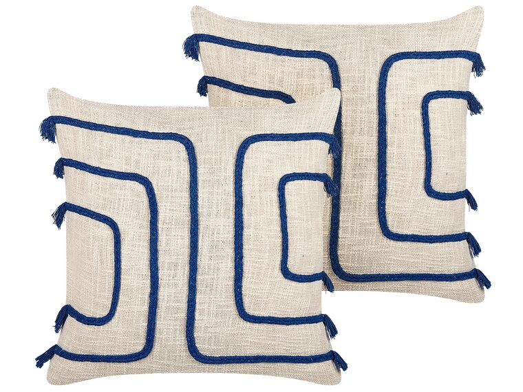 Set of 2 Cotton Cushions Abstract Pattern 45 x 45 cm Beige and Navy Blue PLEIONE_840305