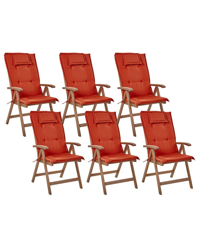 Sötétbarna akácfa kerti szék hatdarabos szettben piros párnákkal AMANTEA_879761