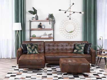 Right Hand Faux Leather Corner Sofa with Ottoman Brown ABERDEEN
