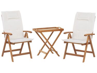 Set de terrasse table et 2 chaises en bois clair coussins blanc cassé JAVA
