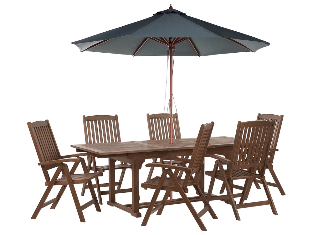 Gartenmöbel Set mit Sonnenschirm grau 6-Sitzer dunkelbraun AMANTEA Akazienholz